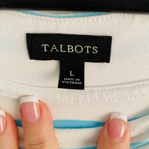 Talbots Tee 3/4 Sleeve Top Womens L Aqua White Striped Minimalist Quiet Luxury - Picture 2 of 4